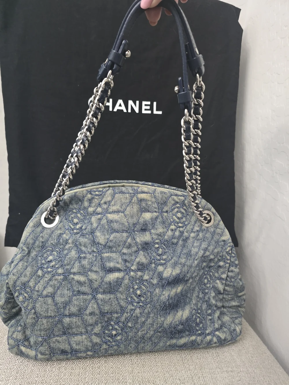 AUTHENTIC Chanel Blue Denim Camellia Just Mademoiselle Bowler Bag